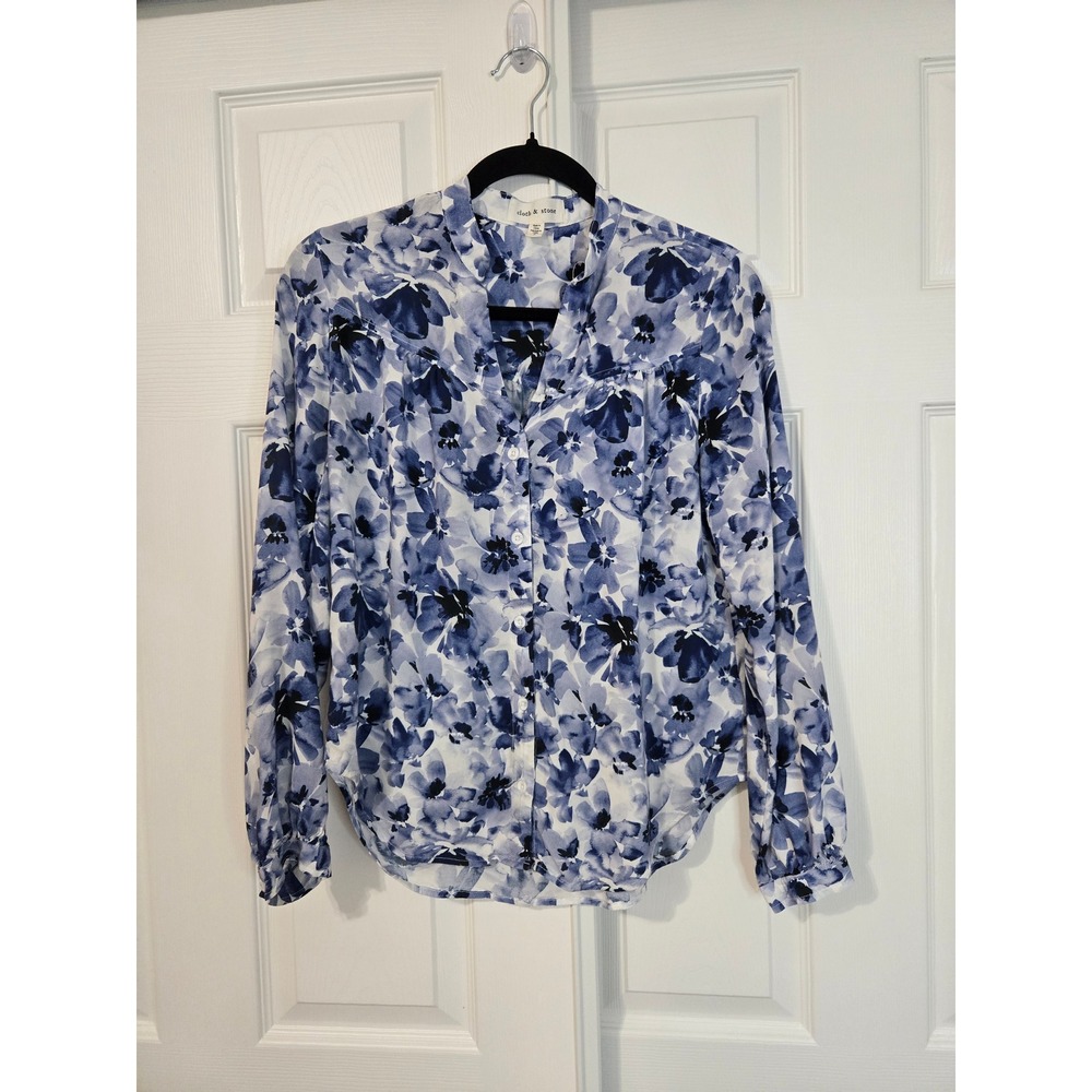 Cloth & Stone Blue Watercolor Floral Button Down Blouse Career Small